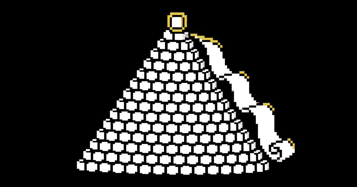 A pyramid of white pixel coins with one gold coin at the peak and a scroll unrolling down its side.