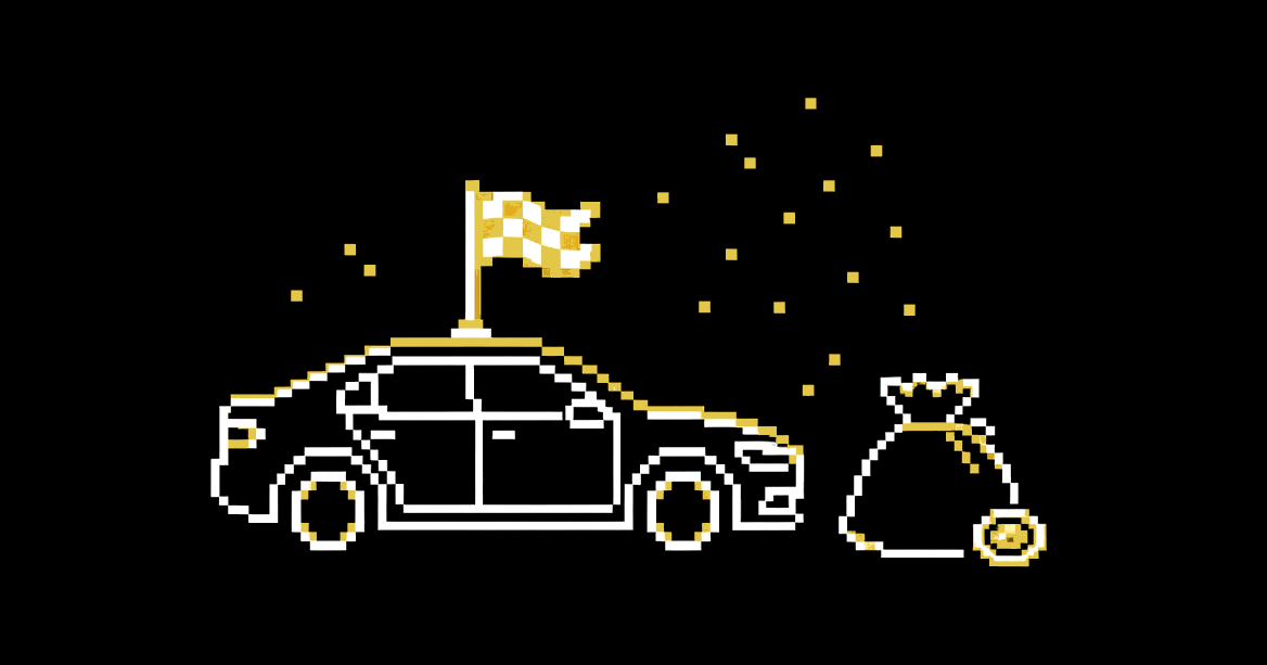 A sleek car with a gold victory flag on its roof, parked beside a deflated, almost empty money sack.