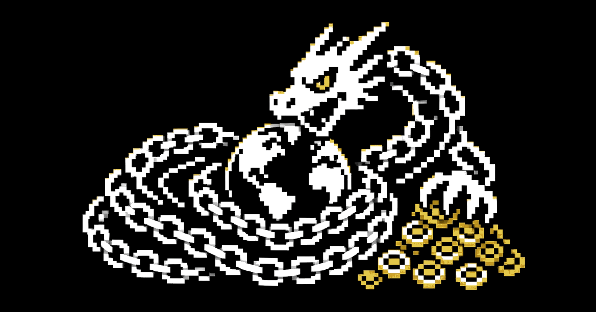 A dragon made of chain links coiled around a small planet, clutching a hoard of gold doubloons.