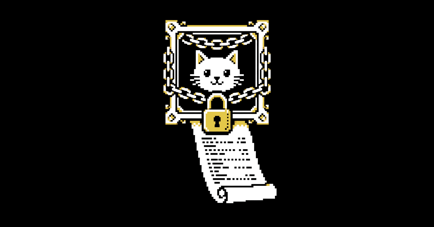 A gold picture frame wrapped in chains and a padlock, with an endless scroll of fine print unrolling from it.