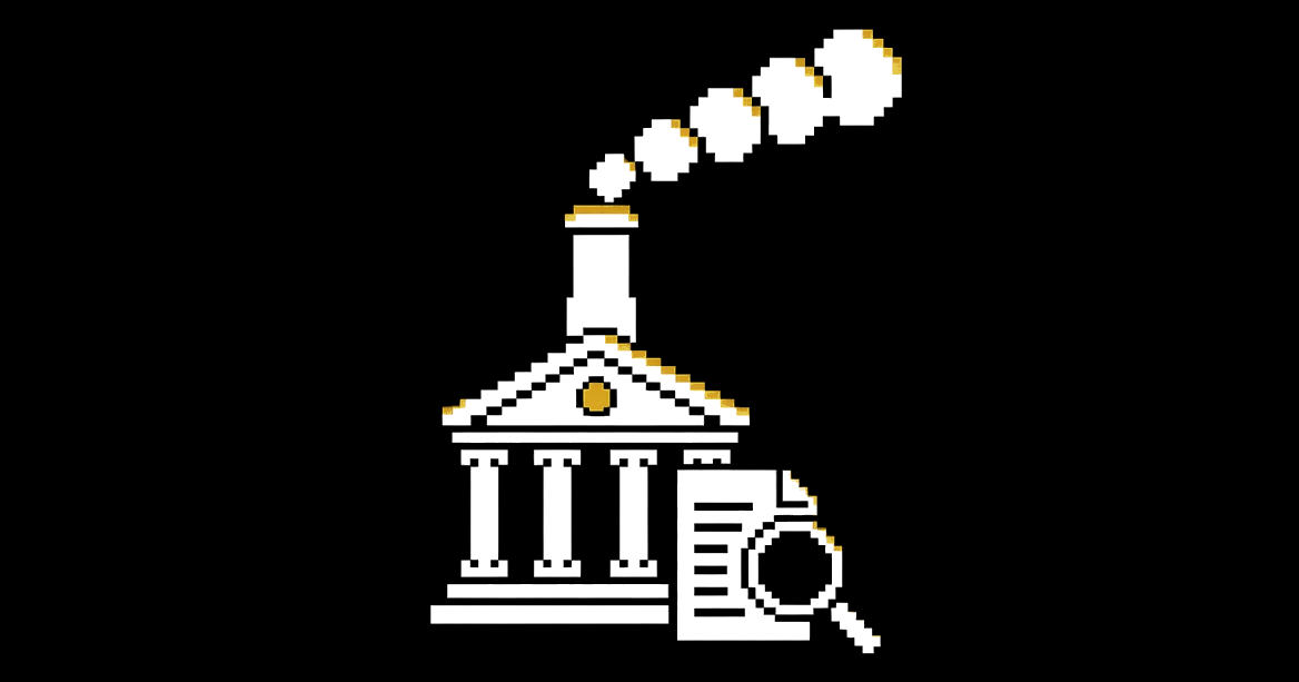 A columned government building with a smokestack puffing coin-shaped smoke, a magnifying glass over a document.