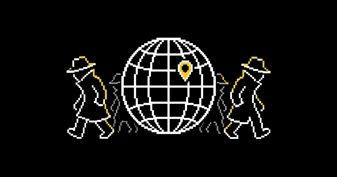 A gridded globe with a gold map pin, two figures in trench coats and wide hats sneaking away on either side.