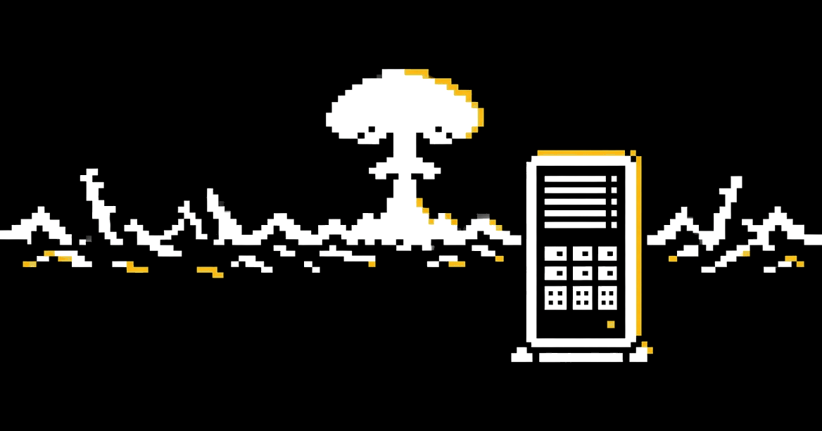 A lone server rack with one blinking gold light, a mushroom cloud rising on the horizon behind it.