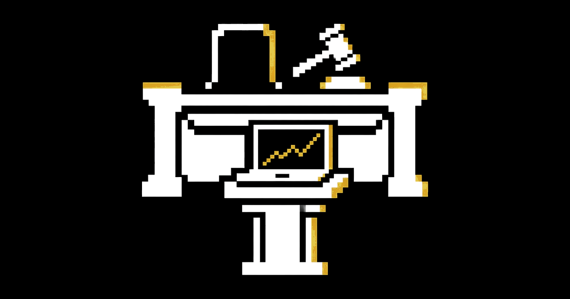 A judge's bench with a raised gavel facing a podium with a laptop showing a gold chart shooting upward.