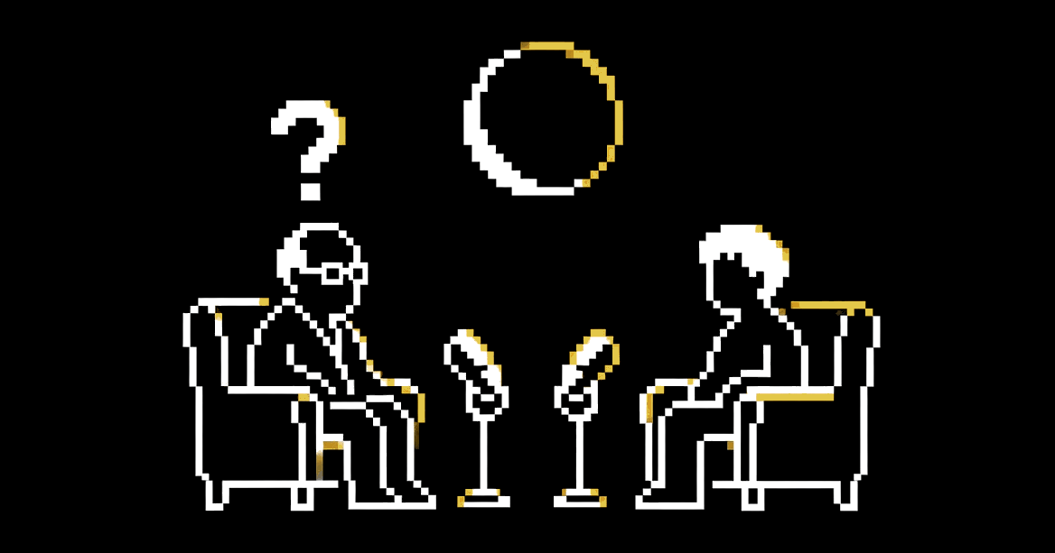 Two people in armchairs with podcast microphones, a question mark over the older one, a half-shadowed moon above.