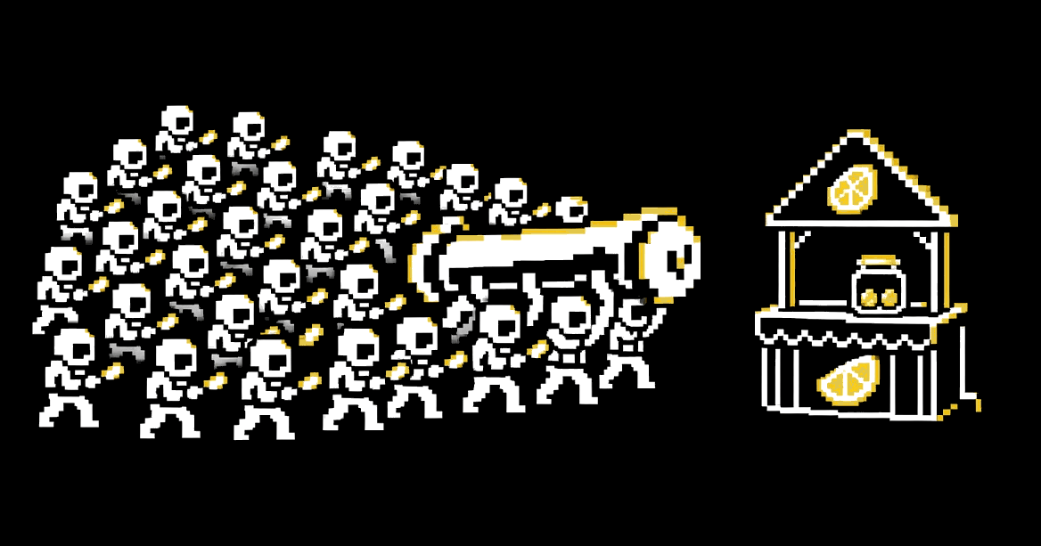 A huge squad of tactical agents with a battering ram charging a tiny kiosk holding a small jar of coins.