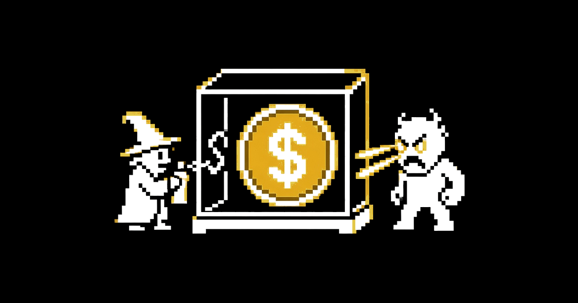 A tiny wizard spray-painting a glass case holding a giant gold coin, while a figure with laser eyes glares.