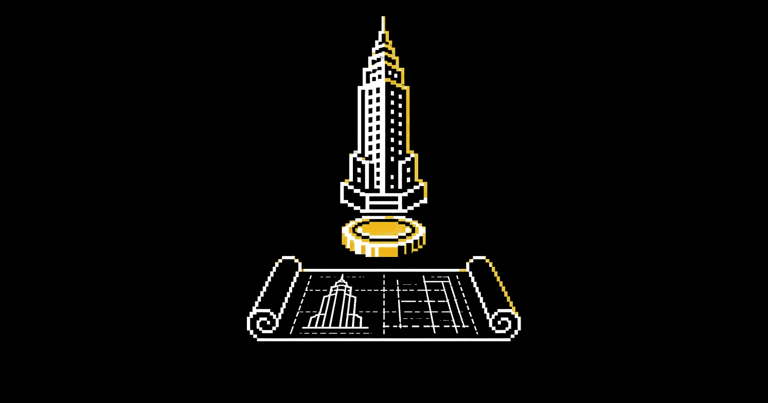 A tall skyscraper balanced on a single gold coin as its foundation, a blueprint unrolled in front of it.