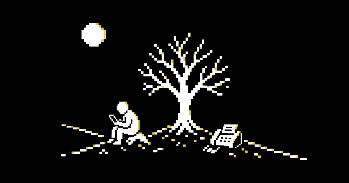 A figure sitting with a dead phone under a bare, binary-branching tree on a country road at dusk, a fax machine nearby.