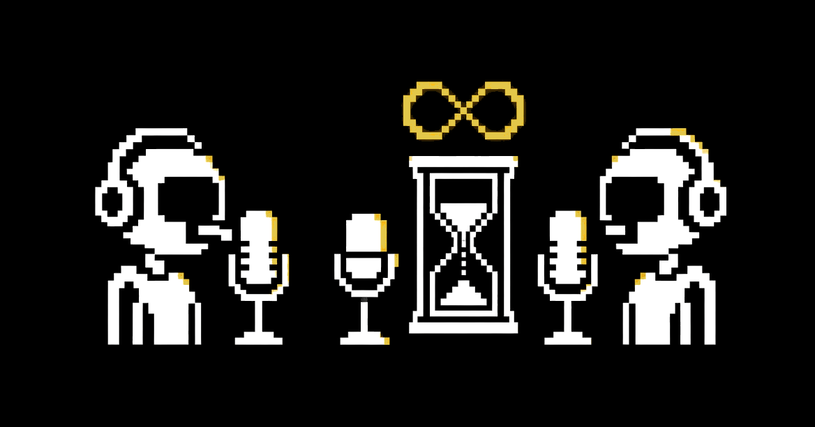 Two robot podcast hosts at microphones beside an hourglass, a glowing gold infinity symbol above it.