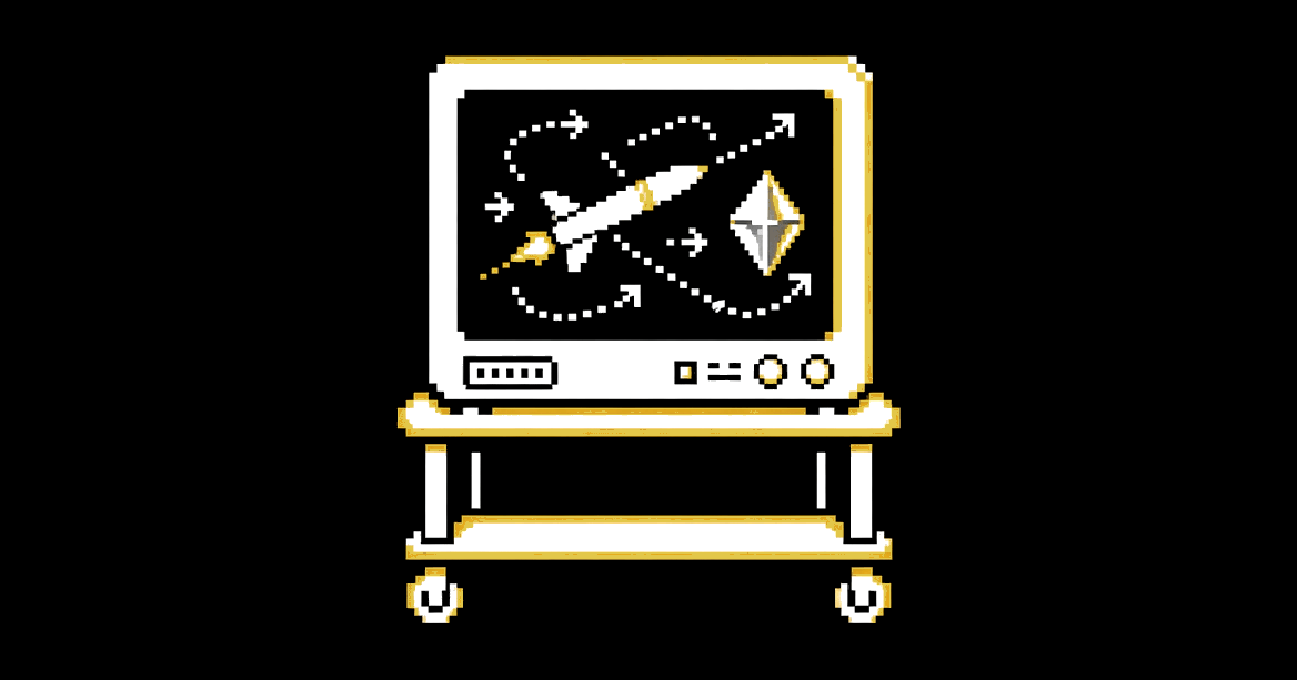 A retro TV on a rolling cart showing a missile and a diamond crystal tangled in looping arrows.
