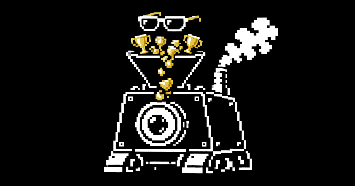 A huge machine with a watching eye and sunglasses, swallowing gold trophies and puffing out ash.