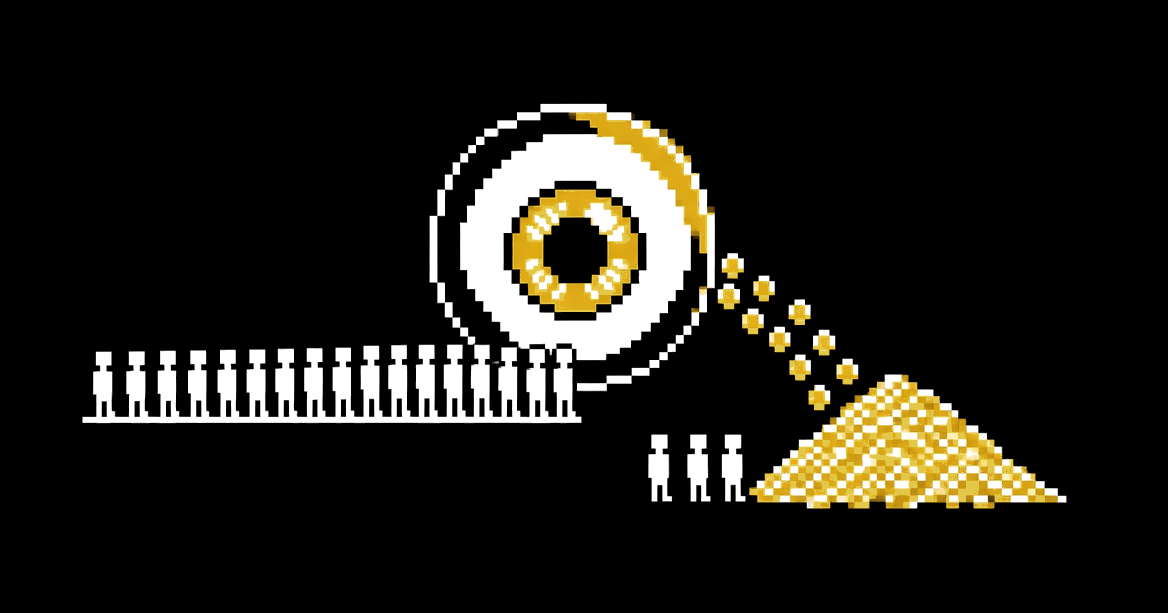 A giant glowing eye-orb with a long queue of tiny people, gold coins pouring out to three figures behind it.