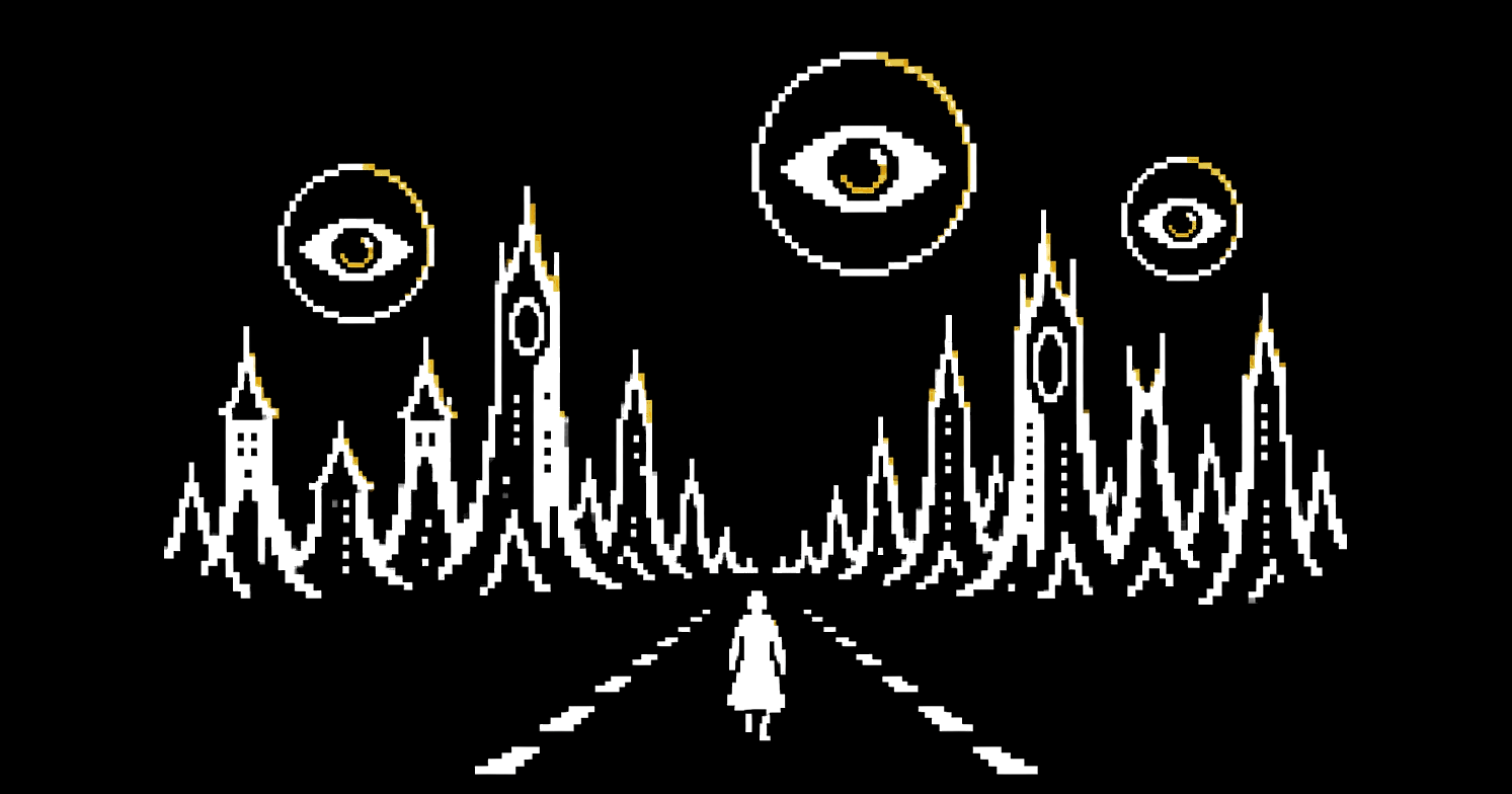 A dystopian skyline at dawn with floating eye-orbs watching over it, one small figure walking down an empty road.