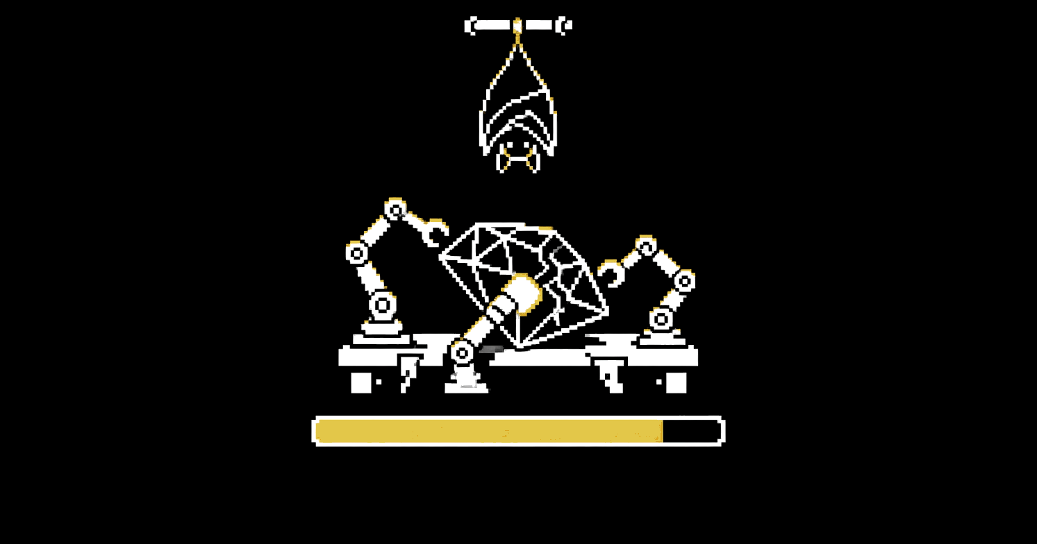 Robot arms working on a diamond crystal, an almost-full progress bar below and a bat hanging above.