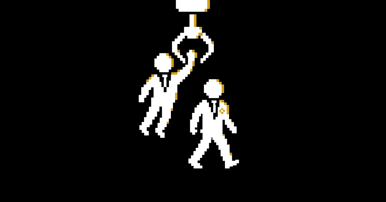 A crane claw lifting away one man in a suit while his identical twin, wearing a gold diamond pin, steps into his place.