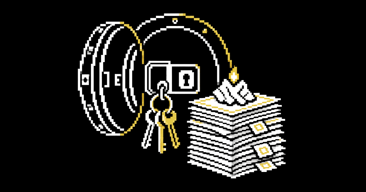 A bank vault door hanging open with a ring of keys dangling from the lock, a crumpled napkin burning on a pile of bonds.