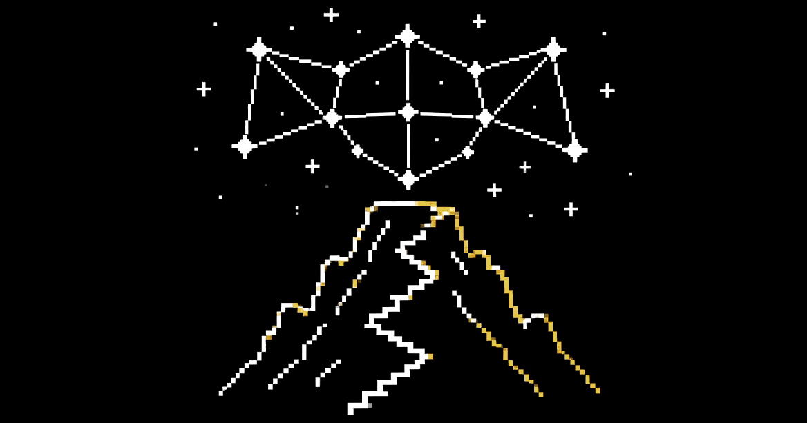 A steep rocky path climbing toward a night sky of stars linked into a network of constellations.