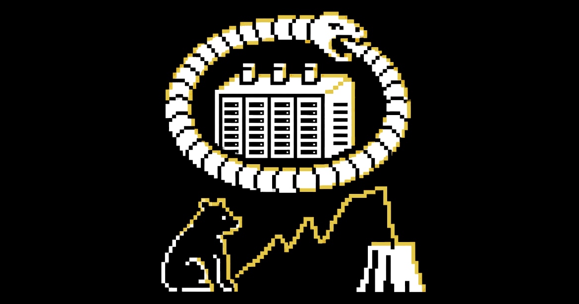 A data center wrapped by a cable snake eating its own tail, a bear watching a gold chart fall off a cliff.