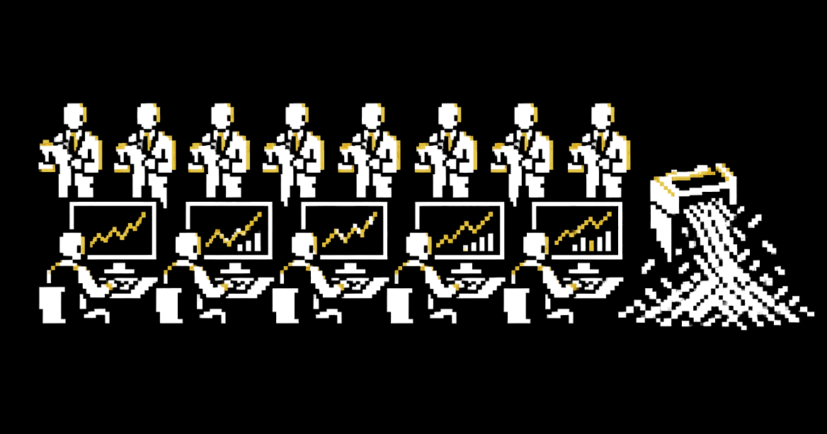A trading floor watched by a row of identical auditors with clipboards, a paper shredder overflowing in the corner.