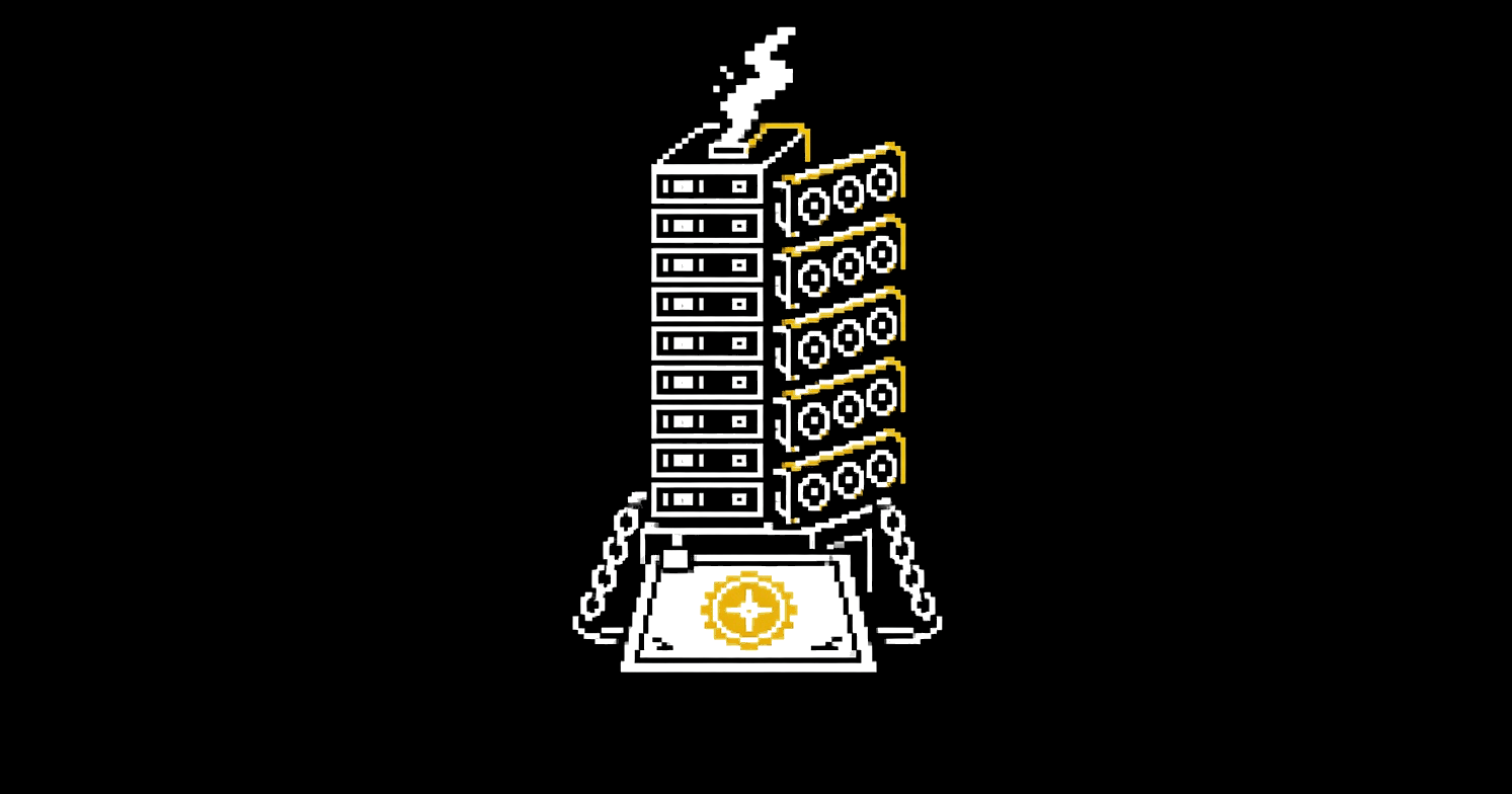A tower of condos stacked like a server rack, each with a graphics card bolted on, chained to a gold-sealed bond.